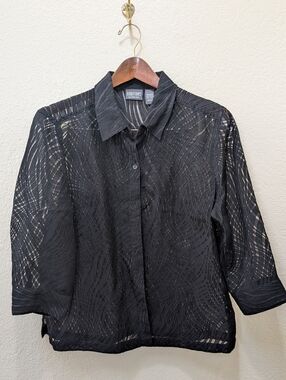 Additions By Chico Black Semi Sheer With Wavy Pattern Button Up Collard Blouse